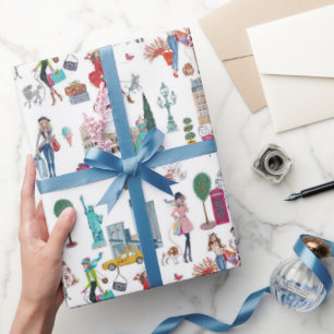 Stylish White & Multi colour Shopping girls Wrapping Paper