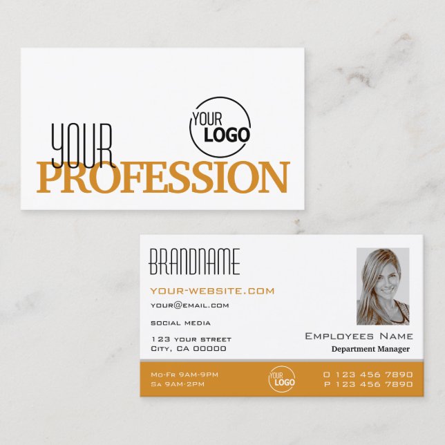 Stylish White Orange Simple with Logo and Photo Business Card (Front/Back)