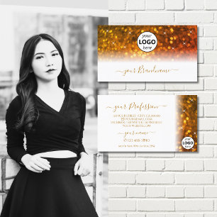 Stylish White Orange Sparkling Glitter with Logo Business Card