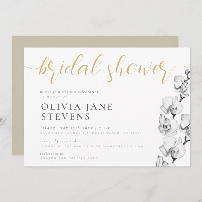 Stylish White Orchid Calligraphy Bridal Shower Invitation (Front/Back)