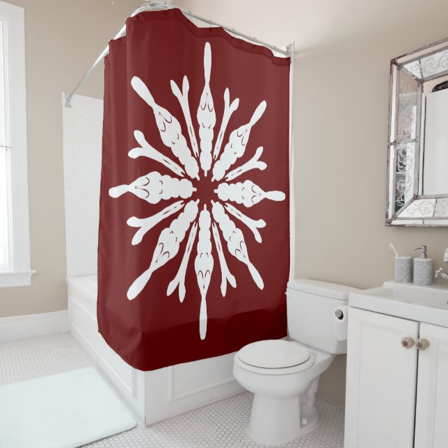 Stylish White Pattern on Burgundy Shower Curtain (In Situ)