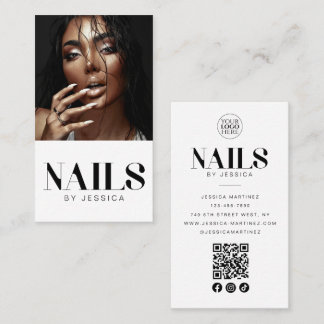 Stylish White Photo QR Code Logo Nail Salon Business Card