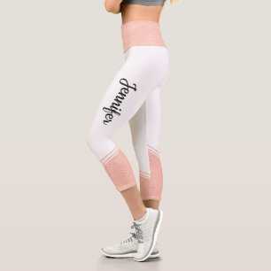 Stylish white & pink floral white stripes and name capri leggings