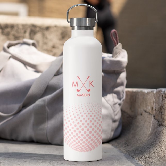 Stylish White Pink Modern Golf Ball Monogram Water Bottle (Creator Uploaded)