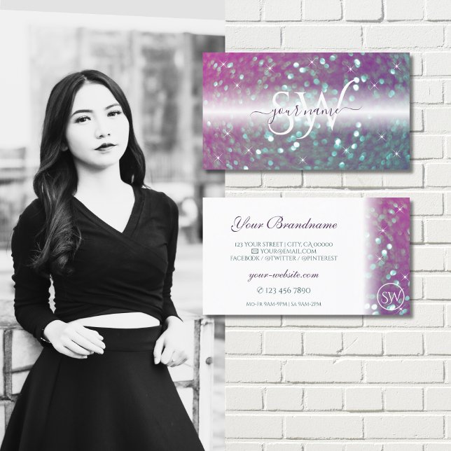 Stylish White Pink Teal Sparkling Glitter Monogram Business Card (Creator Uploaded)