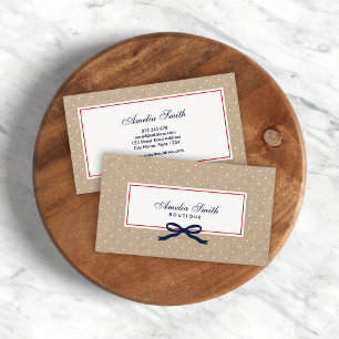 Stylish White Polka Dot and Blue Ribbon Kraft Business Card