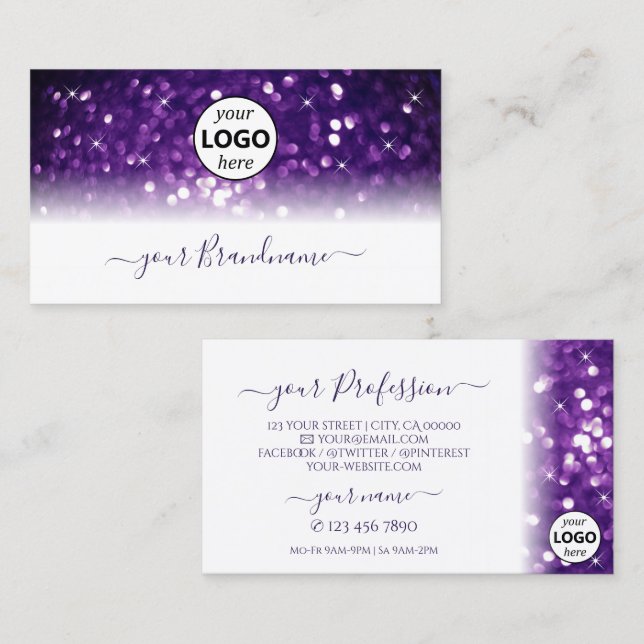 Stylish White Purple Sparkling Glitter with Logo Business Card (Front/Back)
