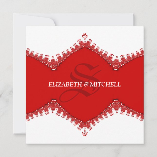 Stylish White Red Lace Monogram Wedding Invitation (Front)