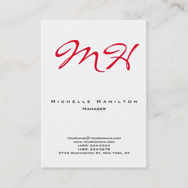Stylish white red plain simple monogram clean business card (Front)