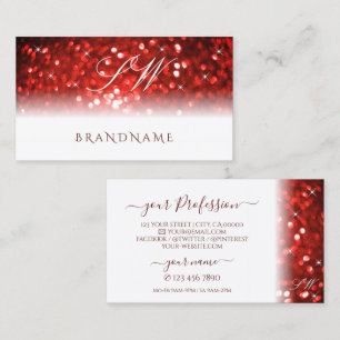 Stylish White Red Sparkle Glitter Initials Modern Business Card