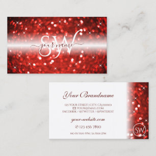 Stylish White Red Sparkle Glitter Monogram Modern Business Card