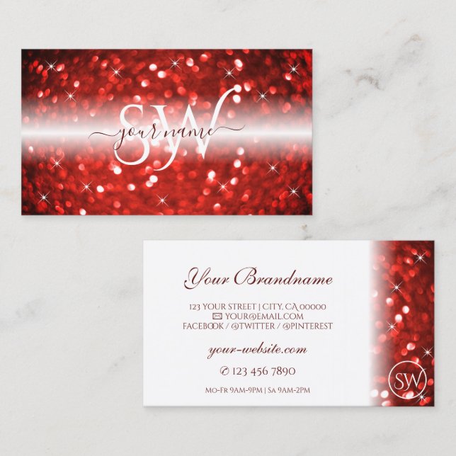 Stylish White Red Sparkle Glitter Monogram Modern Business Card (Front/Back)