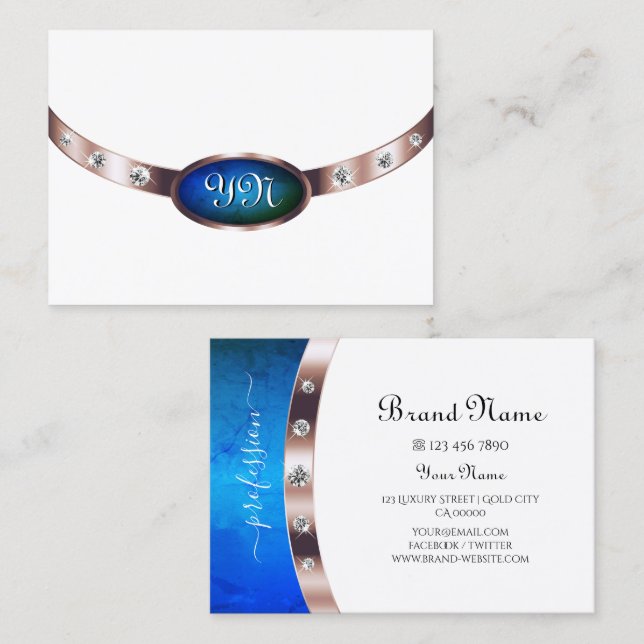 Stylish White Rose Gold Blue Marble with Monogram Business Card (Front/Back)