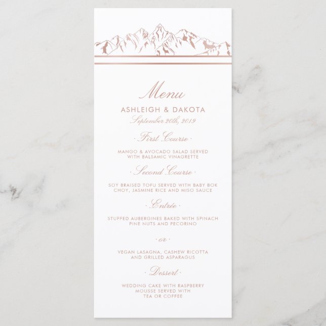 Stylish White & Rose Gold Mountain Wedding Menu (Front)