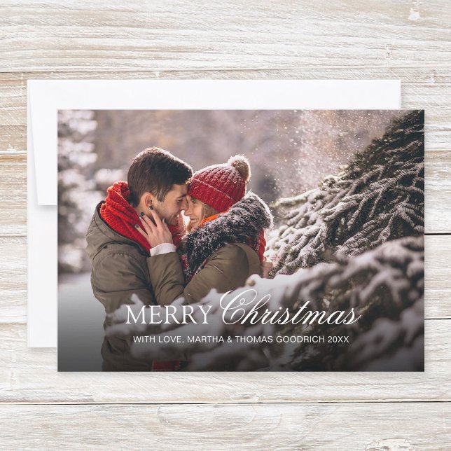 Stylish White Script Christmas Gradient Photo Holiday Card (Simple, classy christmas photo card "Merry Christmas" with festive white script typography.)