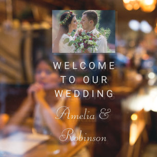 Stylish  White Script Custom Wedding Photo Welcome Window Cling