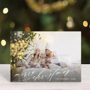 Stylish White Script Merry Christmas Photo Holiday Card