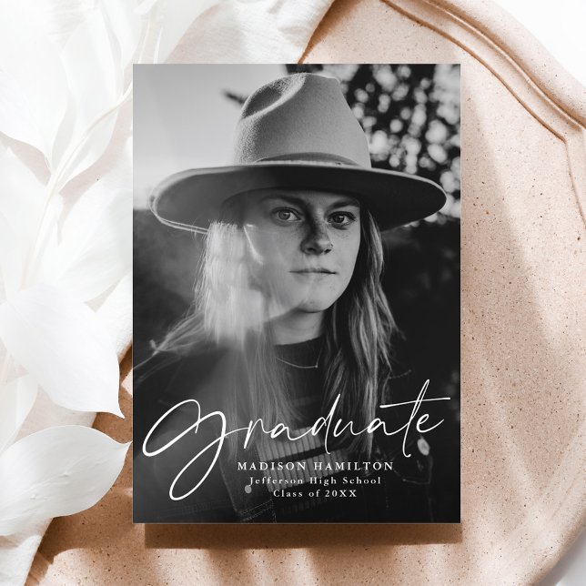 Stylish White Script Photo Graduation Announcement (Creator Uploaded)