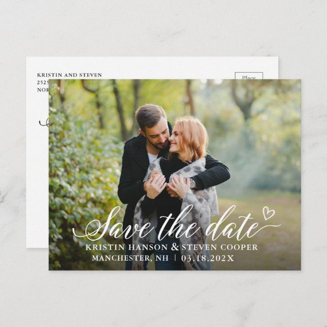 Stylish White Script Photo Save The Date Postcard (Front/Back)