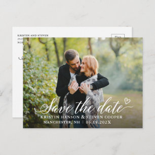 Stylish White Script Photo Save The Date Postcard