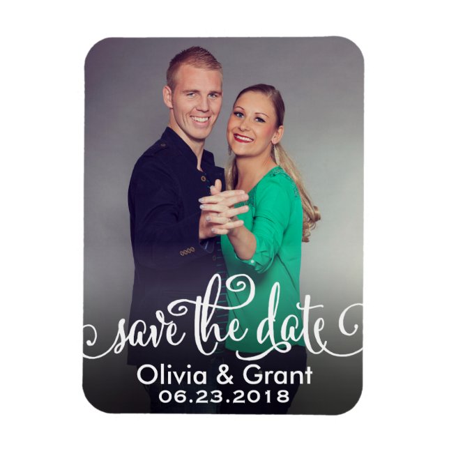 Stylish White Script Wedding Photo Save the Date Magnet (Vertical)