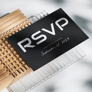 Stylish White Script Wedding RSVP Card on Black