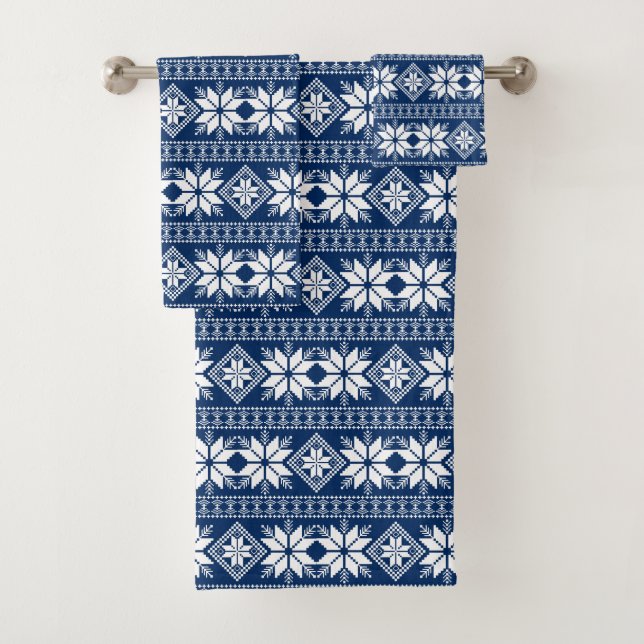  Stylish White Star Vector Pattern on Blue Bath Towel Set (Insitu)
