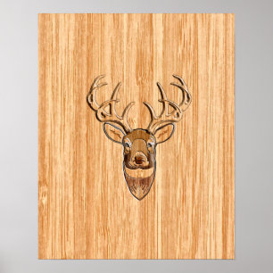 Stylish White Tail Buck Antlers Light Wood Grain Poster