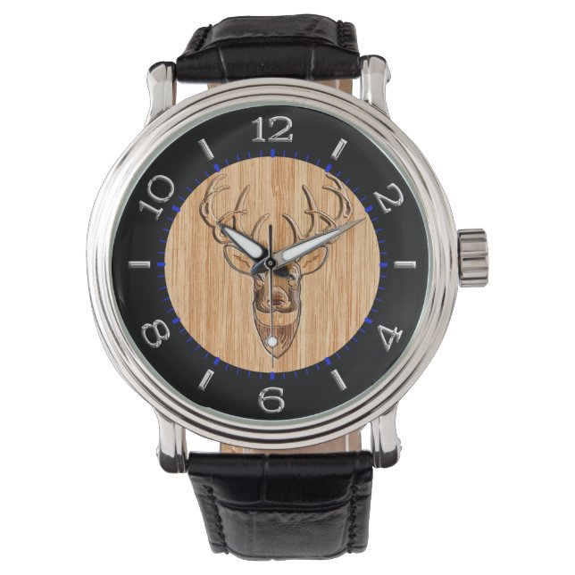 Stylish White Tail Buck Antlers Light Wood Grain Watch (Front)