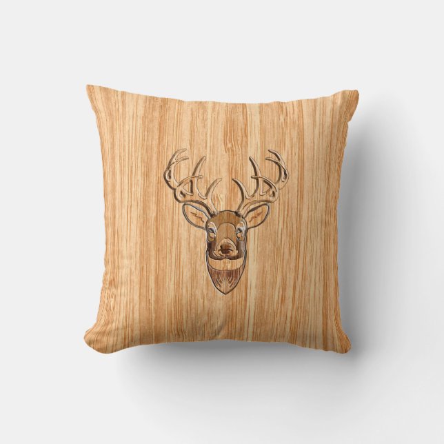 Stylish White Tail Deer Buck Head Light Wood Grain Cushion (Front)