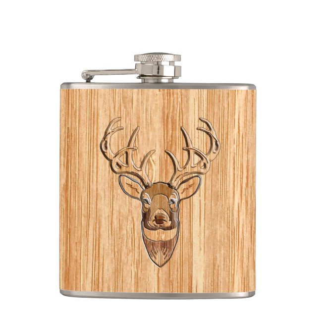 Stylish White Tail Deer Buck Head Light Wood Grain Hip Flask (Front)