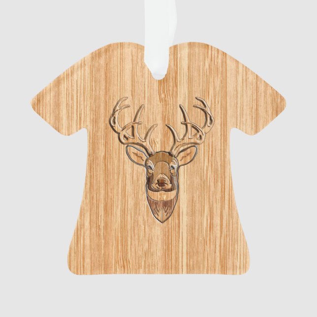 Stylish White Tail Deer Buck Head Light Wood Grain Ornament (Front)