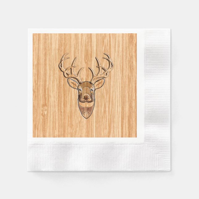Stylish White Tail Deer Head Light Wood Grain Deco Napkin (Front)