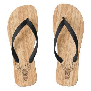 Stylish White Tail Deer Head Light Wood Grain Flip Flops