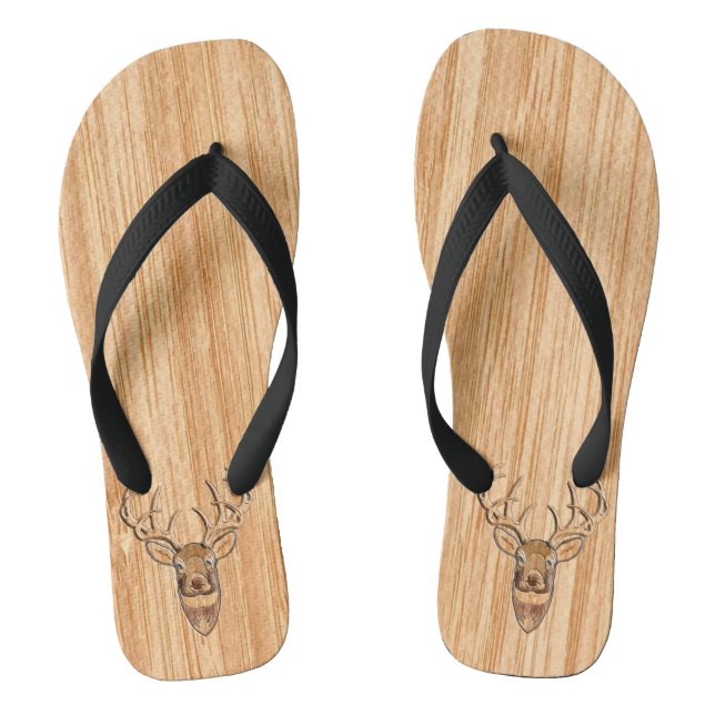 Stylish White Tail Deer Head Light Wood Grain Flip Flops (Footbed)