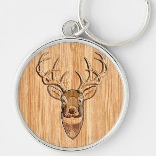 Stylish White Tail Deer Head Wood Grain Print Key Ring