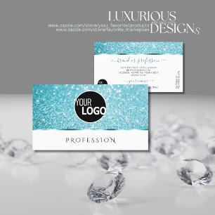 Stylish White Teal Glitter Luminous Stars Logo Business Card