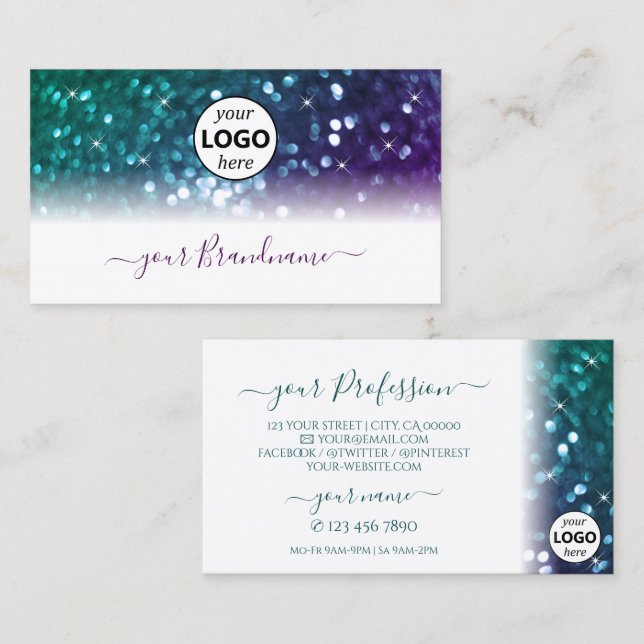 Stylish White Teal Purple Sparkle Glitter Add Logo Business Card (Front/Back)