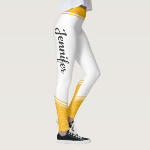 Stylish white yellow floral white stripes and name leggings