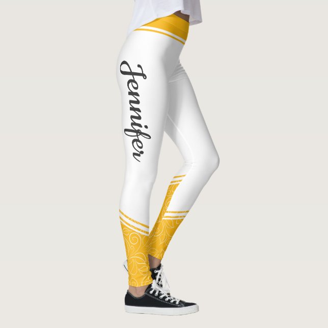 Stylish white yellow floral white stripes and name leggings (Right)