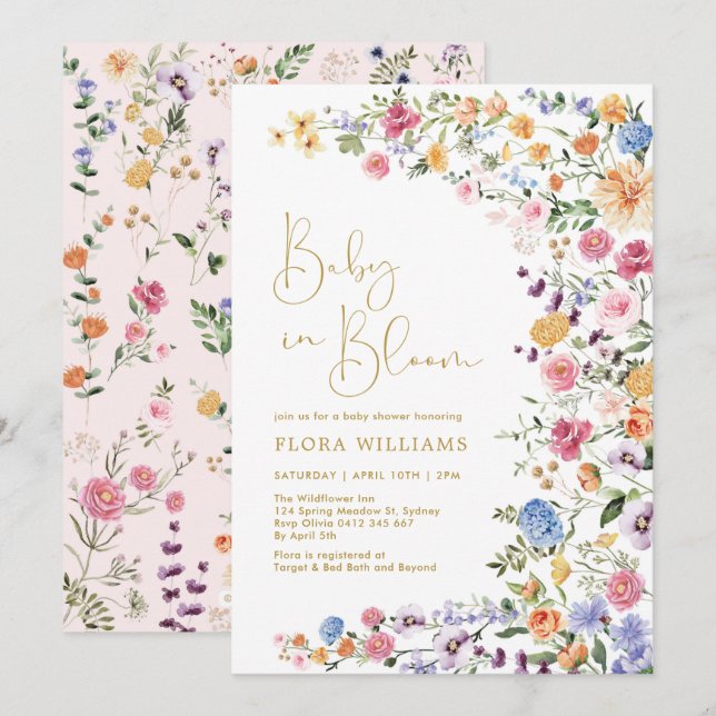Stylish Wildflower Baby in Bloom Girl Shower Invitation (Front/Back)