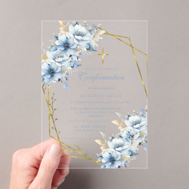 Stylish Wildflower Blue Garden Confirmation Acrylic Invitations (Insitu (Handheld))