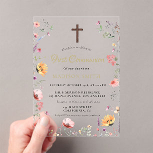 Stylish Wildflower Garden First Holy Communion Acrylic Invitations