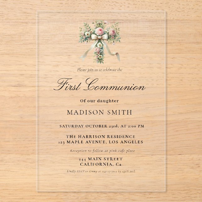 Stylish Wildflower Garden First Holy Communion Acrylic Invitations (Front)