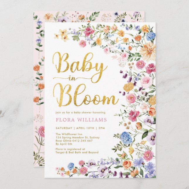 Stylish Wildflower Meadow Baby in Bloom Garden Invitation (Front/Back)