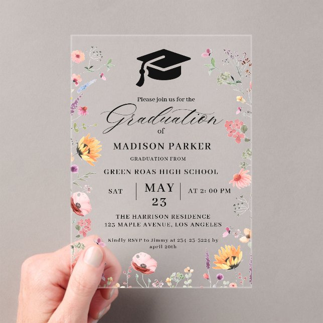 Stylish Wildflower Meadow Garden Graduation  Acrylic Invitations (Insitu (Handheld))