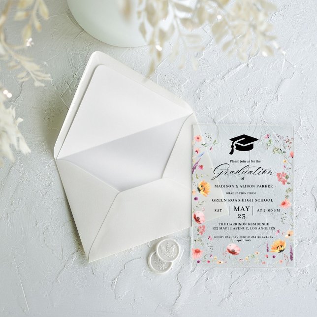 Stylish Wildflower Meadow Garden Twin Graduation  Acrylic Invitations (Creator Uploaded)