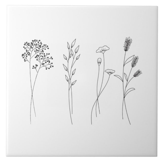 Stylish wildflowers botanical monochromatic tile (Front)