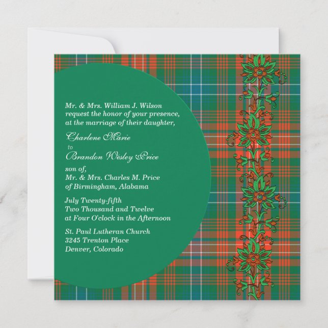 Stylish Wilson Orange & Green Plaid Wedding Invitation (Front)