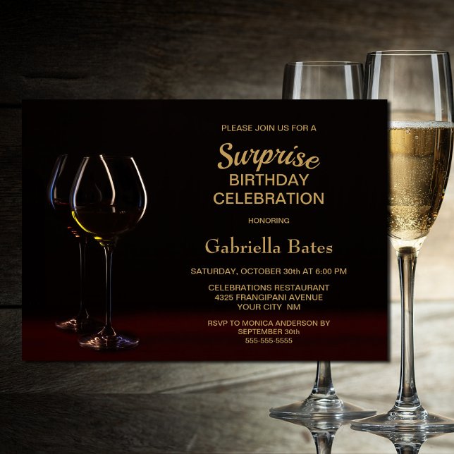 Stylish Wine Glass Surprise Birthday Party Invitation (Creator Uploaded)
